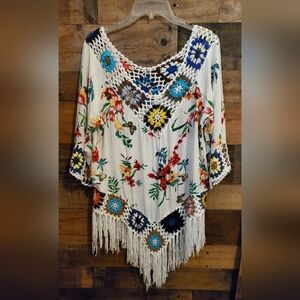 ASHA Fringed White Crochet Boho Top Coverup Floral Festival Hippie One Size READ